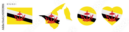 Brunei flag icon set. Bruneian pennant in official colors and proportions. Rectangular, map-shaped, circle and heart-shaped. Flat vector illustration isolated on white. photo