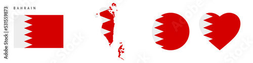 Bahrain flag icon set. Bahraini pennant in official colors and proportions. Rectangular, map-shaped, circle and heart-shaped. Flat vector illustration isolated on white.