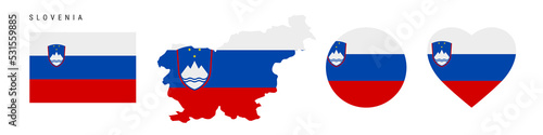 Slovenia flag icon set. Slovenian pennant in official colors and proportions. Rectangular, map-shaped, circle and heart-shaped. Flat vector illustration isolated on white. photo