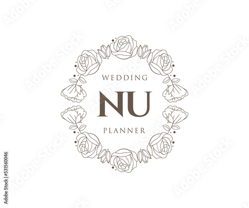 NU Initials letter Wedding monogram logos collection, hand drawn modern minimalistic and floral templates for Invitation cards, Save the Date, elegant identity for restaurant, boutique, cafe in vector