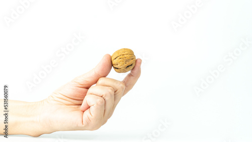 Hand holding a walnut isolated on white background. Walnut concept background. Selective focus.