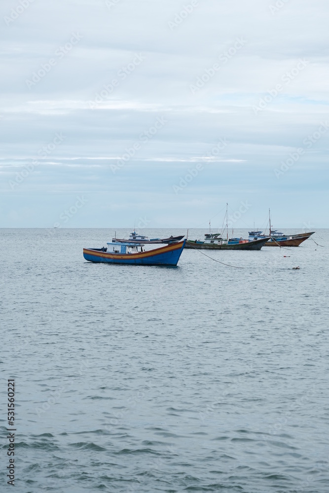 Several fishing boats are lined up in the sea