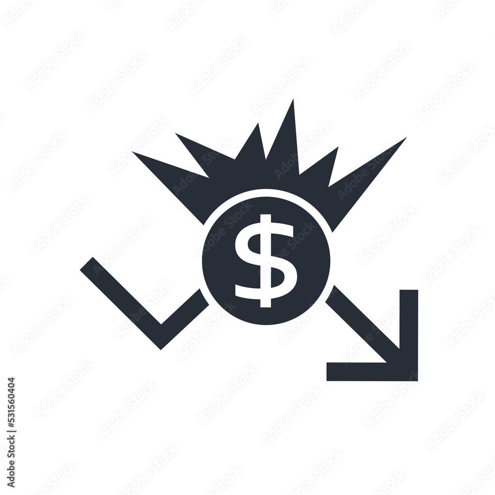 financial catastrophe. Falling dollar, income. Vector linear icon isolated on white background. financial catastrophe. Falling dollar, income. Vector linear icon isolated on white background.