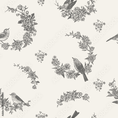 Seamless  floral pattern with birds.