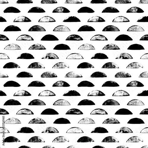 Geometric abstract seamless pattern with semicircles. Black and white simple elements of geometry, imprint halved circles. Bauhaus constructive style. Hand drawn vector grunge retro pattern.
