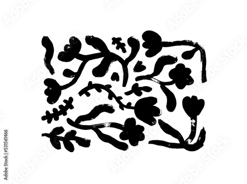 Ink drawing wild plants, herbs or flowers. Bold line childish drawings isolated on white background. Naive art, infantile or childish art style, rough sketch. Monochrome botanical illustration