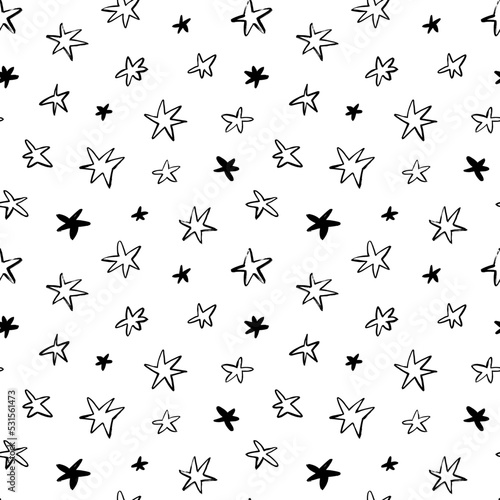 Seamless pattern with cartoon stars. Hand drawn vector seamless star pattern. Modern geometric ornament with space motif. Monochrome randomly abstract texture with simple elements. 