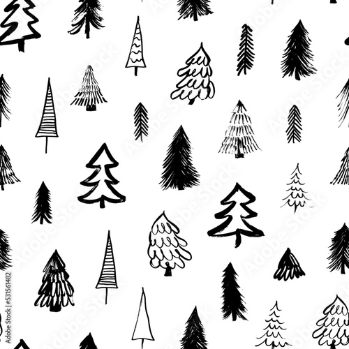 Christmas trees vector seamless pattern. Holidays background with hand drawn stylized fir trees and pines. Childish style pattern for New Year and Christmas. Black winter forest drawn with a brush.