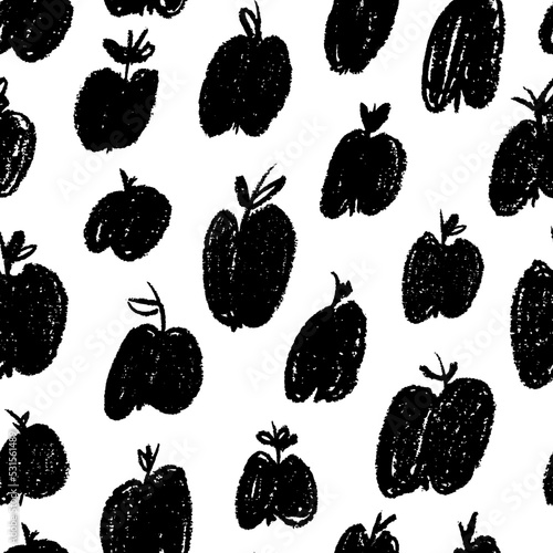 Hand drawn apple fruits vector seamless pattern. Abstract repeated background with charcoal style texture. Fruits sketch black illustration. Black pencil apples drawing. Sketch food illustration. 