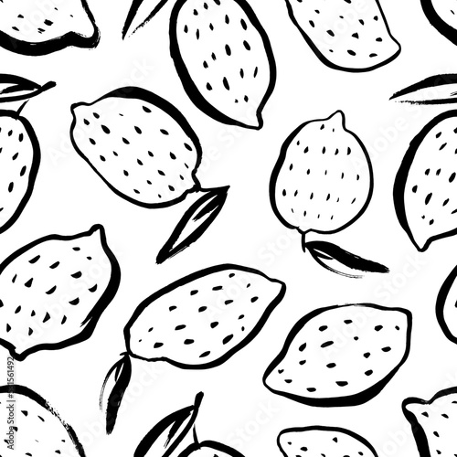 Doodle lemon seamless pattern. Hand drawn black linear lemons. Decorative background with citrus fruits hand-drawn with a brush. Summer textile design. Doodle simple fruits with dots and leaves. 