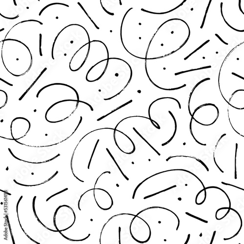 Scattered geometric line shapes seamless pattern. Hand drawn vector curved lines with dots and dashes. Seamless Memphis style background. Retro fashion style 80-90s. Geometric doodle brushstrokes.