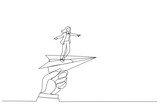 Illustration of huge hand holding paper plane and take off with businesswoman. Single line art style