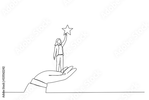 Cartoon of giant hand helping a businesswoman to reach out for the stars. One line art style