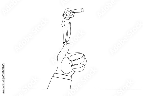 Drawing of businesswoman standing on giant thumb using telescope to look into the distance. Continuous line art