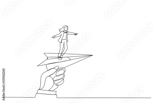 Illustration of huge hand holding paper plane and take off with businesswoman. Single line art style