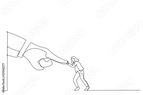 Drawing of brave businesswoman fight and keep pushing against giant business hand. Metaphor for conflict against boss or employer, david and goliath. Single continuous line art style