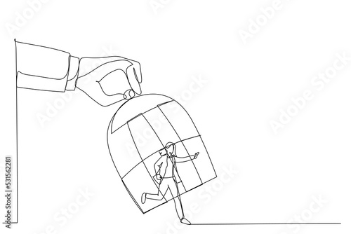Cartoon of giant hand capturing a running businesswoman with birdcage. One line art style