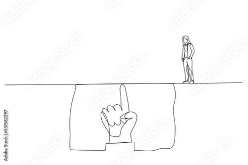 Illustration of giant hand helping small businesswoman, metaphor for opportunity, challenge, leadership. Single continuous line art