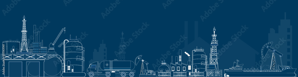 Gas and oil industry platform Banner with Outbuildings, Oil storage tank and more. Poster Brochure Flyer Design, Vector Illustration eps10