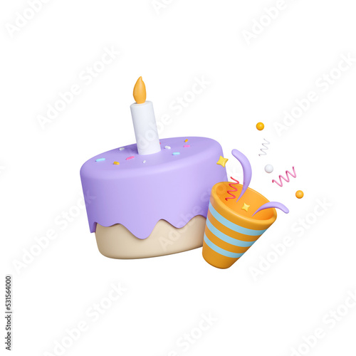 Cartoon style flying Birthday cake with candles and confetti ribbons,  isolated on blue background. minimal design. 3D icon render illustration
