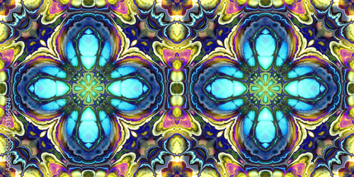 high contrast stained glass symmetrical medallions in blue, turquoise, creamy yellow, pink and green