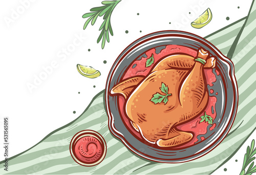 Roasted Chicken Dish illustration. Chicken meat hand-drawn vector design. Restaurant roast baked chicken drawing with cloth, sauce, lemon slices, and herb