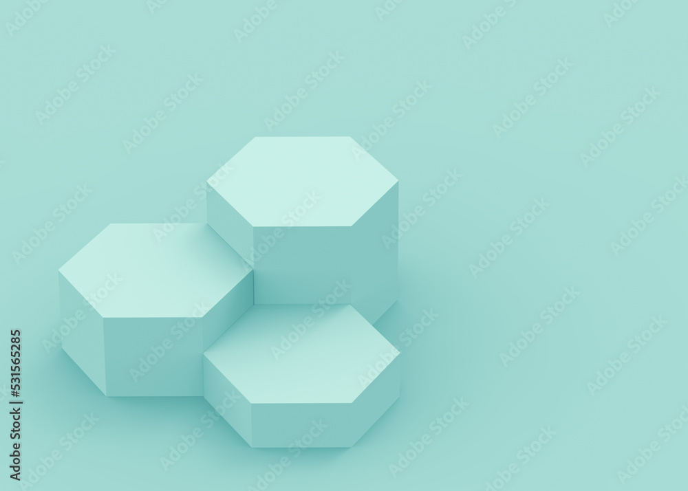3d blue green hexagon podium minimal studio background. Abstract 3d geometric shape object illustration render. Display for technology medical and science product. 3d blue green hexagon podium minimal studio background. Abstract 3d geometric shape object illustration render. Display for technology medical and science product.