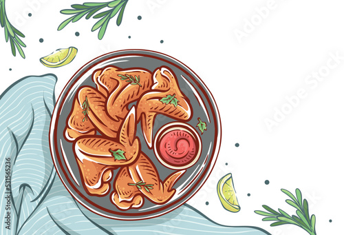 Chicken wing dish illustration top view. Chicken Hand-drawn food with coth, lemon slices, and herbs in full color. Colorful chicken drawing vector design background photo