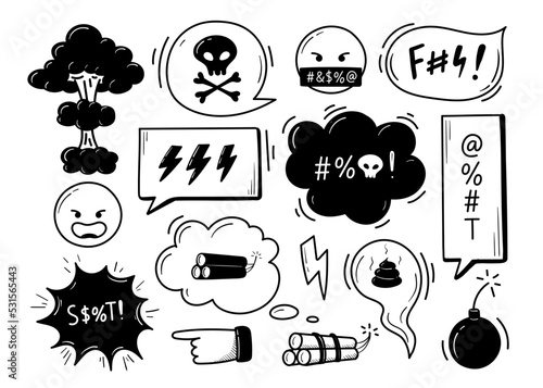 Set of speech bubbles of curses hand drawn in doodle style