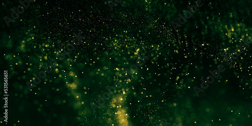 Green abstract wave line bokeh light effect background, Dark green and glow particle abstract background.