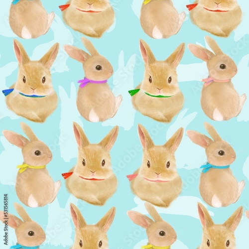 Seamless Pattern illustration of cute Netherland Dwarf rabbits in the year of the Rabbit, the Chinese zodiac sign for 2023, or the Easter Bunny.