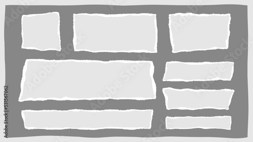 Rectangular torn paper shred, edge ripped newspaper note, blank rip notebook background, isolated grunge page piece, white tear cardboard scrap, vector illustration set.