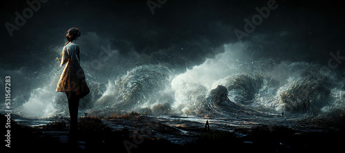 Spectacular image of massive splashing wave crashes on the reef as a defiant woman stands defiantly on the beach. Digital art 3D illustration. photo