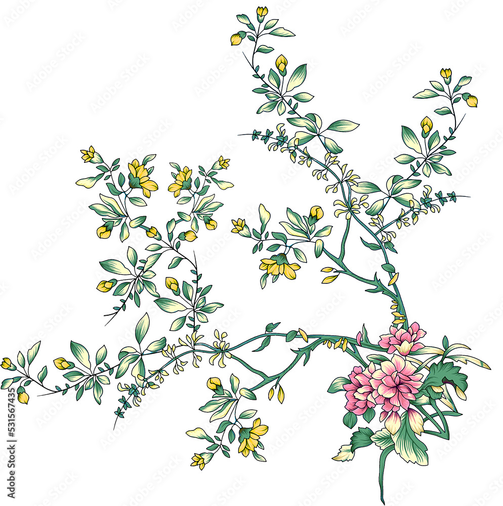 digital textile design motif with botanical flower green leaves gold ornament geometric border seamless beautiful bunch