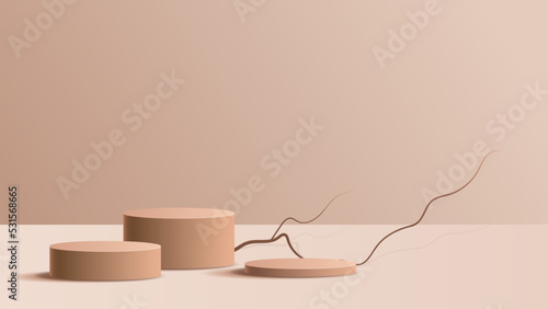 Brawn podium display minimal background product display scene of abstract light and branch, stick for cosmetic, branding and packaging presentation. studio stage with shadow of leaf background. vector