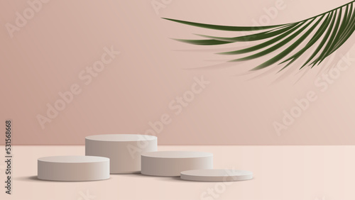 Pink podium display minimal background product display scene of abstract light and leaf for cosmetic, branding and packaging presentation. studio stage with shadow of leaf background. vector design