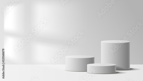 White podium display minimal background product display scene of abstract light for cosmetic, branding and packaging presentation. studio stage with shadow of leaf background. vector design