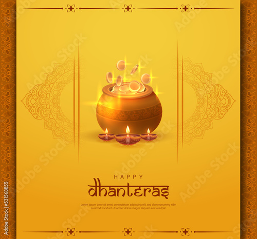 Happy Dhanteras Poster Design Vector Illustration. Illustration of Gold Coin in Pot. Suitable for Greeting Card, Banner, Flyer, Template.  photo