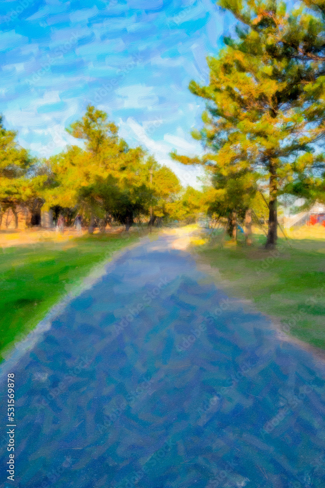 Naklejka premium 森林公園の散歩道 絵画調
