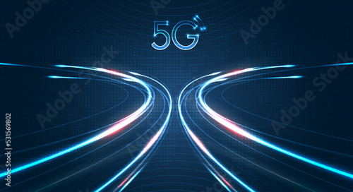 Blue light streak, fiber optic, speed line, futuristic background for 5g or 6g technology wireless data transmission, high-speed internet in abstract. internet network concept. vector design