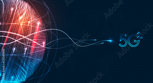 5G network digital hologram and internet Wi-fi connection and internet of things with modern city skyline. Smart city and communication network concept. High speed, broadband telecommunication. vector