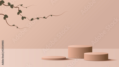 Brown podium display minimal background product display scene of abstract light and leaf for cosmetic, branding and packaging presentation. studio stage with shadow of leaf background. vector design