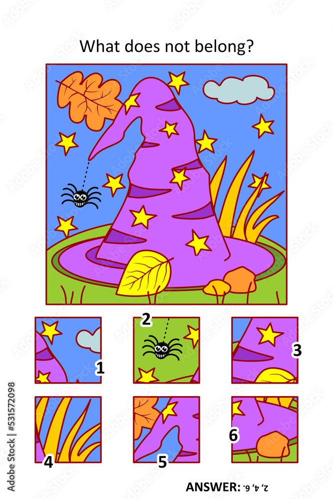 Visual puzzle with picture fragments. Halloween witch hat. What does not belong?
