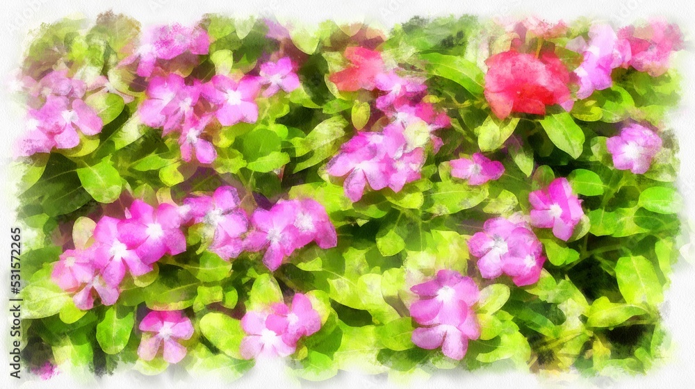 pink flower bushes watercolor style illustration impressionist painting.
