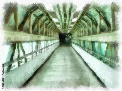 overpass walkway watercolor style illustration impressionist painting.