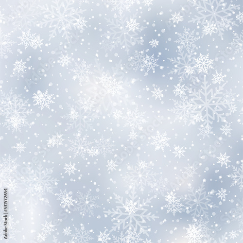 Happy New Year or Xmas sky background with falling snowflakes. Vector