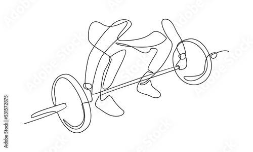 continuous line drawing of young strong weightlifter man preparing for barbell workout in gym