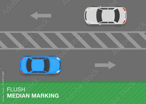 Traffic regulation rules and road marking meaning. Top view of a traffic flow on highway. Painted island or flush median road marking meaning. Flat vector illustration template.