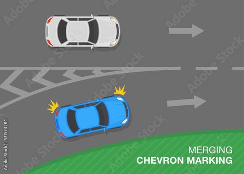Traffic regulation rules and road marking meaning. Blue sedan car is entering the highway. Top view of a traffic flow on highway. Flat vector illustration template.