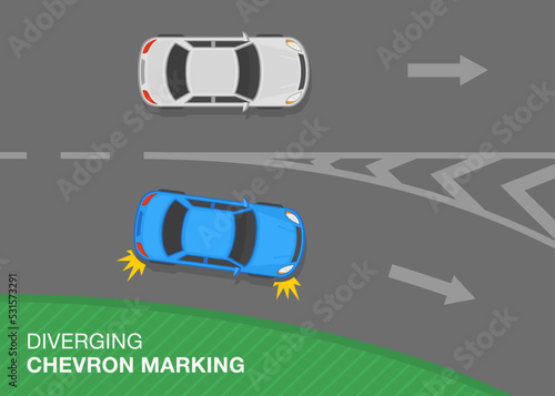 Traffic regulation rules and road marking meaning. Blue sedan car is exiting a highway. Top view of a traffic flow on highway. Flat vector illustration template.